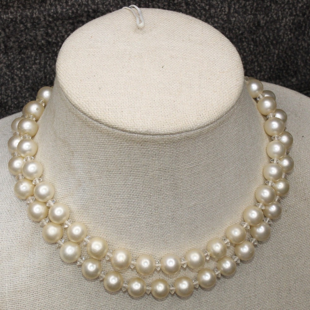 Marvella Necklace Double Strand Faux Pearl Rhinestone Bow Clasp 15in‎ Cream